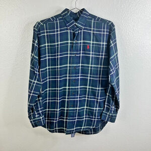 Vintage Ralph Lauren Plaid Button Down Size M Blue Green Long Sleeve 90s Grunge